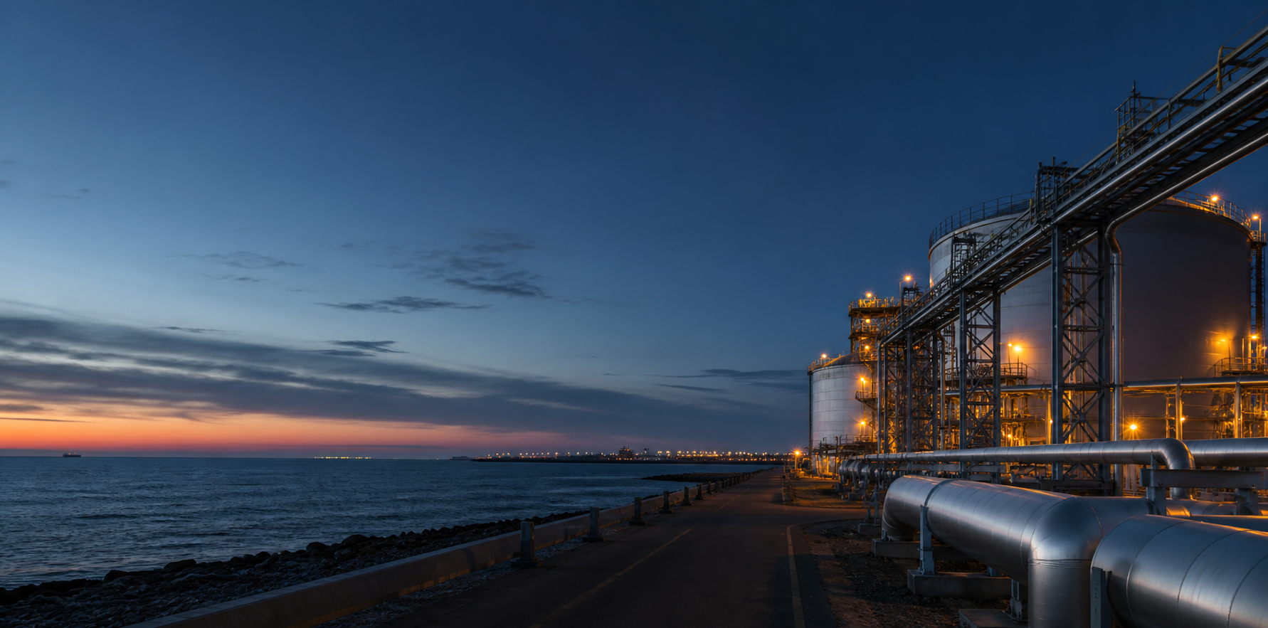 Coastal gas terminal at dusk